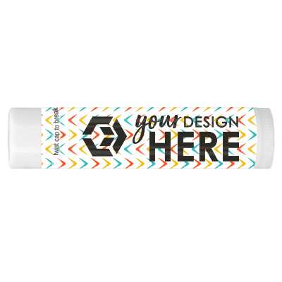 Blue and white background lip balm with a custom logo.