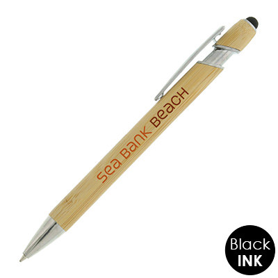 Bamboo pen with chrome accents and custom logo.
