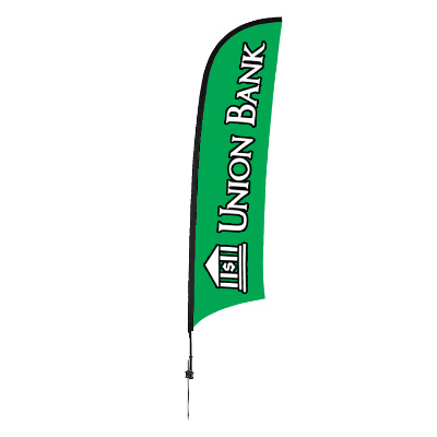 13-ft. stand-up flag with custom logo.