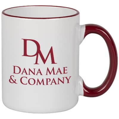 Ceramic maroon coffee mug with c-handle and custom printing in 11 ounces.