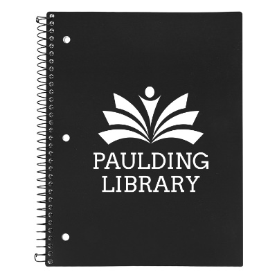Black spiral notebook with custom logo.