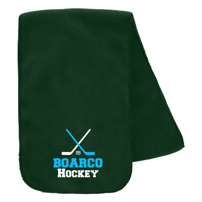 Green fleece scarf with custom full-color logo.