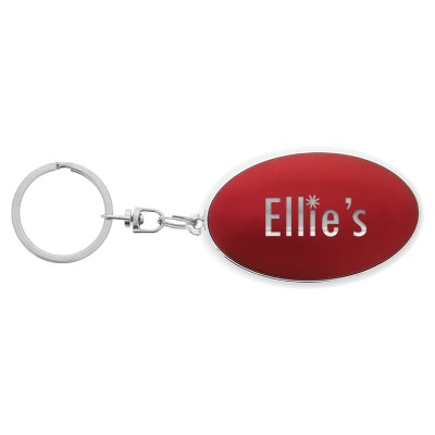 Black keychain with illuminated laser engraved custom promotional imprint.