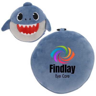 Blue plush sleep mask with a custom logo