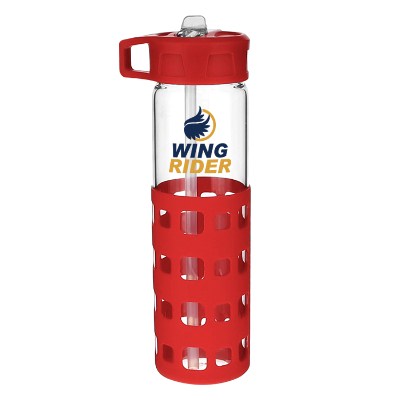 Glass water bottle with red silicone sleeve and custom full color logo.