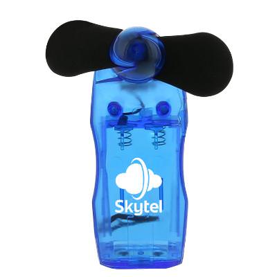 Plastic blue hand fan with a personalized imprint.