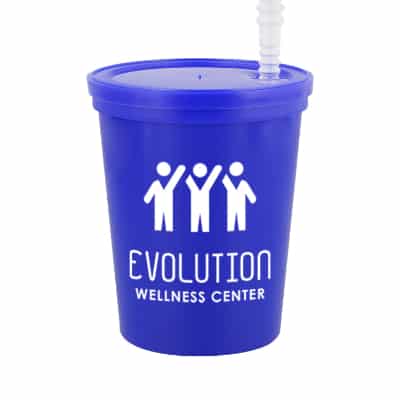 Plastic red stadium cup with lid and straw and custom logo in 16 ounces.