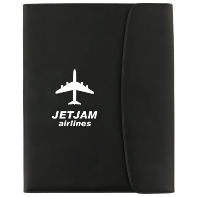 Polyurethane and leather black padfolio with custom imprint.