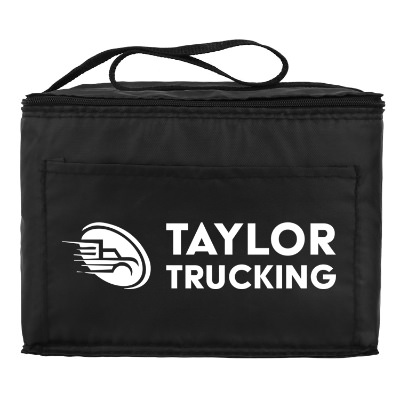 Polyester black 6 pack budget lunch cooler with branded logo.