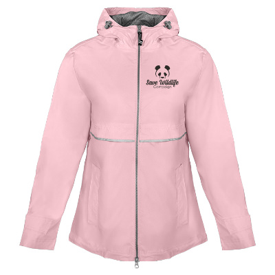 Pink with relfective rain jacket with custom imprint.