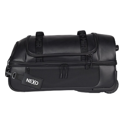 Black duffel with custom logo.