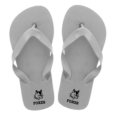 Rubber gray youth flip flops with custom logo.