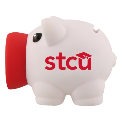 Mini prosperous piggy bank with custom imprint.