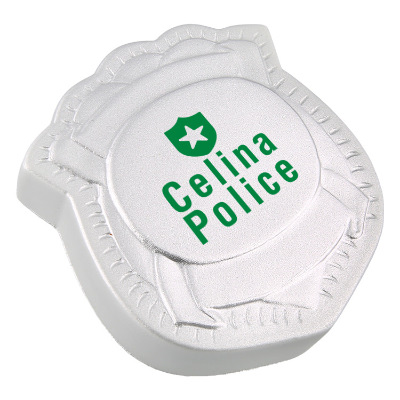 Silver foam stress ball with a personalized logo.