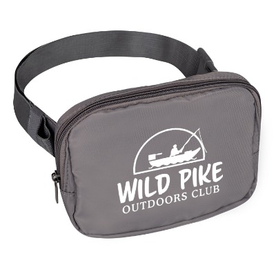 Gray fanny pack with a white promotional imprint.