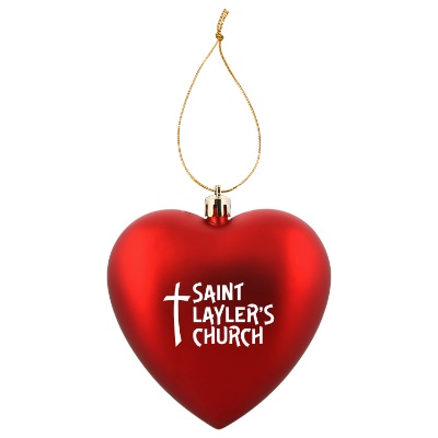 Red plastic ornament with a branded logo