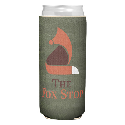 Camo slim can cooler with custom full color imprint.