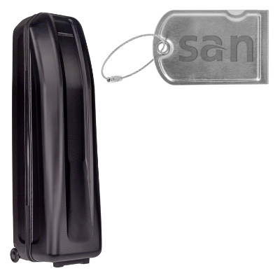 Black hard travel golf bag with luggage tag with custom engraved logo.