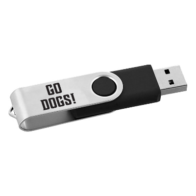 Black stainless steel flash drive with a custom imprint.