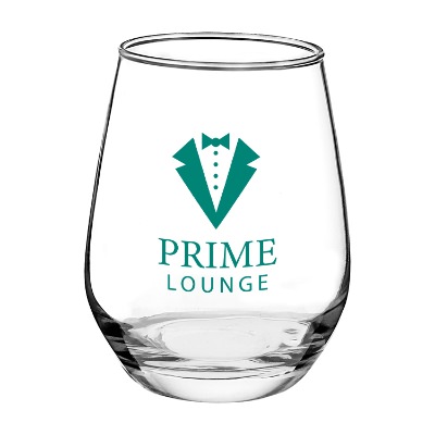 Clear wine glass with custom logo.