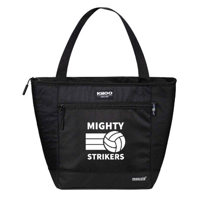 Black polyester cooler with a branded logo.