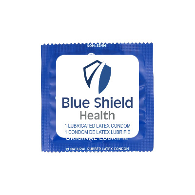 Blue latex condom with a custom imprint.