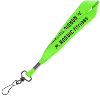3/4 inch neon green grosgrain polyester wrist lanyard with custom imprint and black j-hook.
