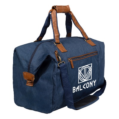Navy blue with tan accented duffle bag with custom white imprint.