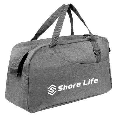 Gray recycled gym bag with a white personalized imprint.