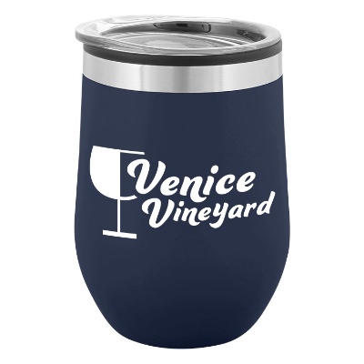 Matte navy wine tumbler with custom logo.