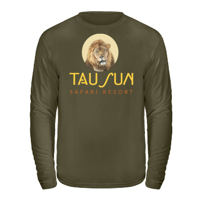 Full color logo on military green long sleeve tee.