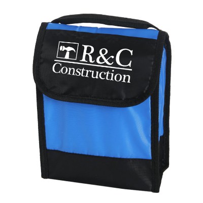 Polyester lime green folding ID lunch bag with branded logo.