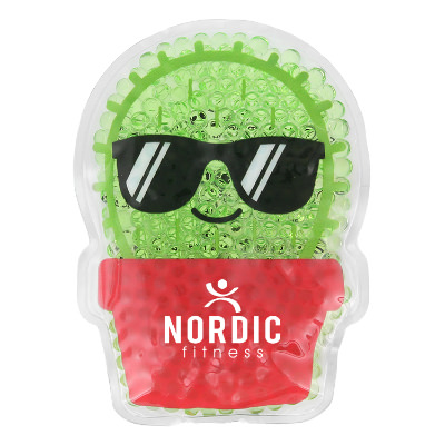 Green plastic hot and cold pack with a custom logo.