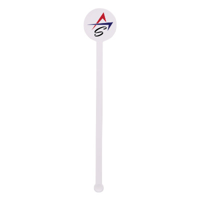 White plastic stir stick with a branded imprint.
