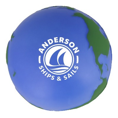 Blue foam stress ball with a custom logo.