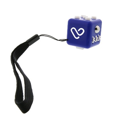 Blue plastic fidget cube with a custom imprint.