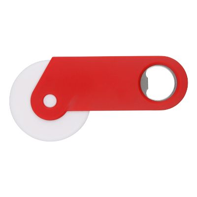 Plastic red metal pizza slicer with metal bottle opener blank.