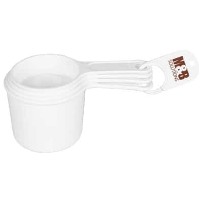 Plastic white set of measuring cups custom printed.