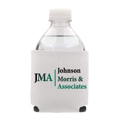Foam white bottle cooler with custom full-color logo.