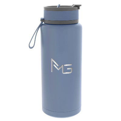 Stainless steel slate gray water bottle with custom engraved logo in 34 oz.
