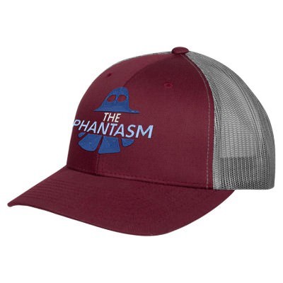 Red embroidered trucker custom cap.