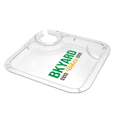Crystal styrene clear snack tray with wine hole with full color promotional logo.