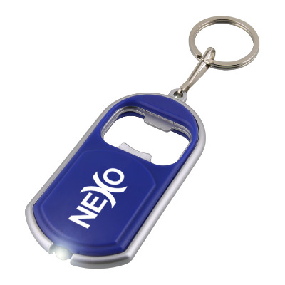 Plastic lime green keychain light with metal bottle opener customized.