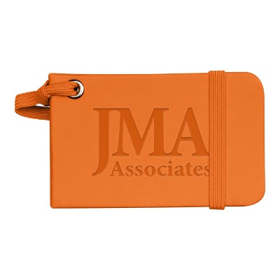 Orange luggage tag with custom debossed imprint.