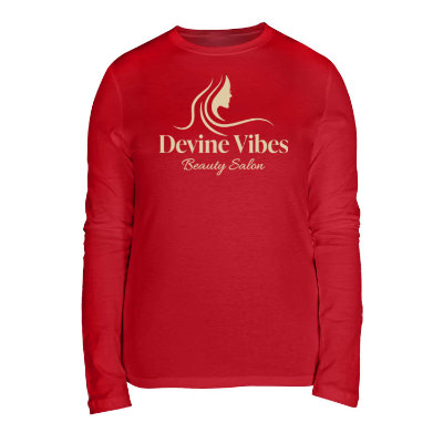 Red women's long sleeve tee with custom logo.