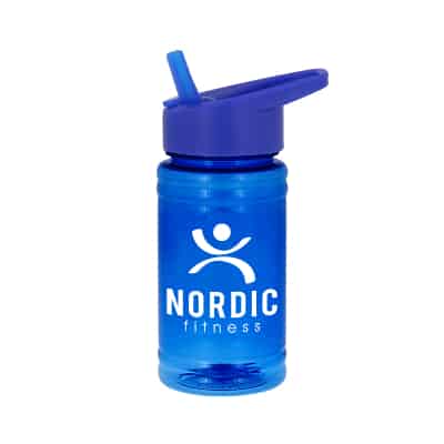 Upcycle plastic blue water bottle with flip straw lid and custom branding in 16 ounces.