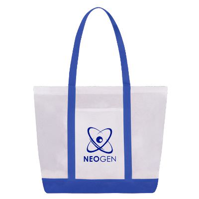 Non-woven polypropylene orange trim tote with imprinted logo.
