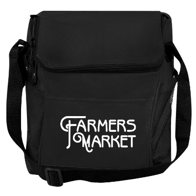 Polyester black mesh pocket lunch cooler with printed logo.