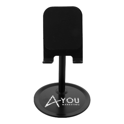 Black aluminum phone holder with a custom imprint.