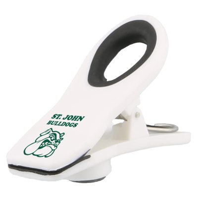 Light blue plastic and rubber chip clip with customized promotional imprint.